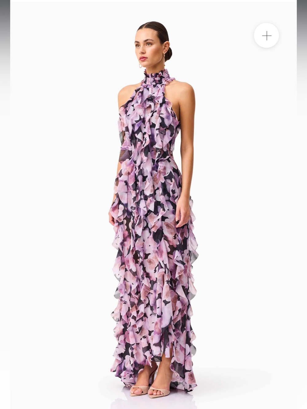 elliatt solene purple & black floral print halter tiered maxi gown dress medium - Picture 5 of 13